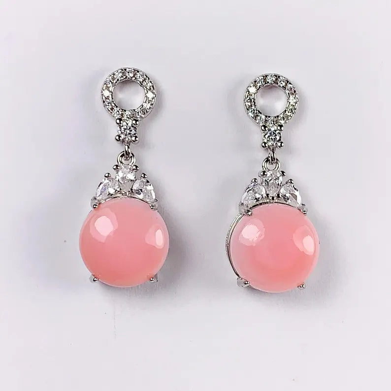10mm Genuine Natural Pink Queen Conch 18K White Gold Plated S 925 Earrings Ear Stud