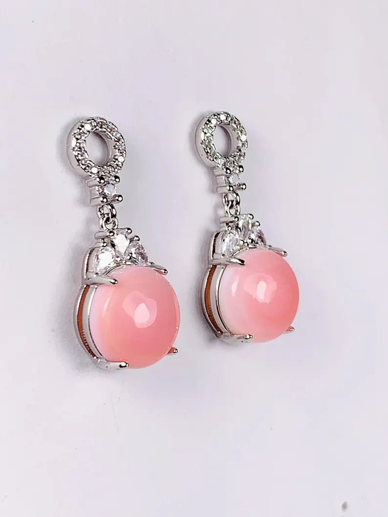 10mm Genuine Natural Pink Queen Conch 18K White Gold Plated S 925 Earrings Ear Stud