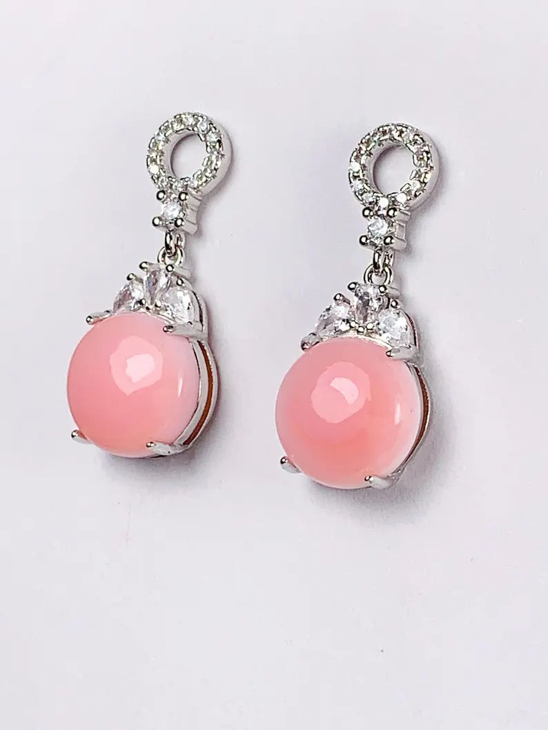 10mm Genuine Natural Pink Queen Conch 18K White Gold Plated S 925 Earrings Ear Stud