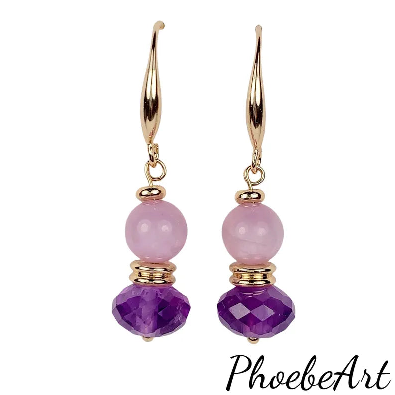 10mm Natural Purple Amethyst and Kunzite 14K Yellow Gold Filled Earrings Ear Stud February Birthstone