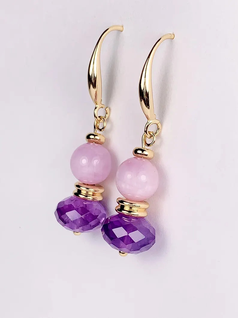 10mm Natural Purple Amethyst and Kunzite 14K Yellow Gold Filled Earrings Ear Stud February Birthstone