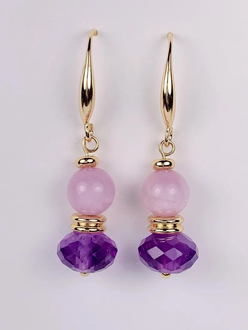 10mm Natural Purple Amethyst and Kunzite 14K Yellow Gold Filled Earrings Ear Stud February Birthstone