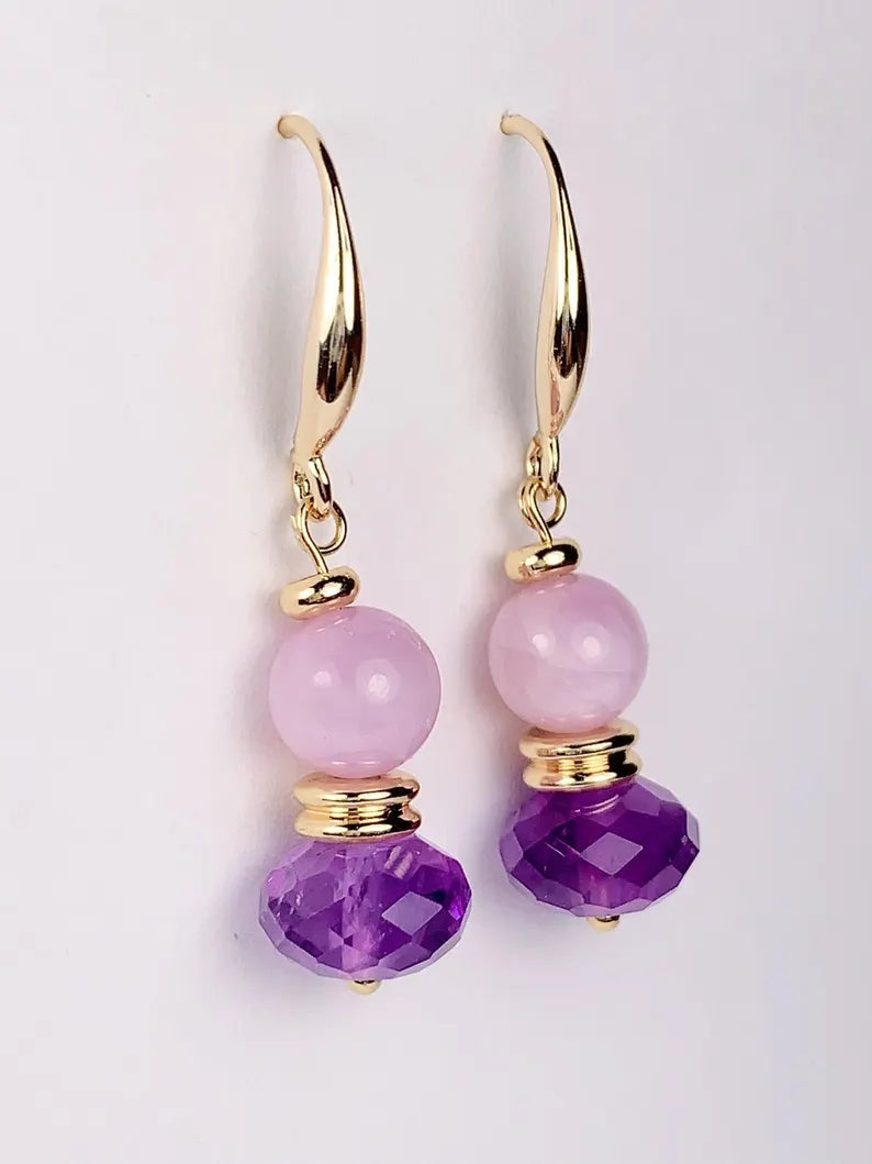 10mm Natural Purple Amethyst and Kunzite 14K Yellow Gold Filled Earrings Ear Stud February Birthstone