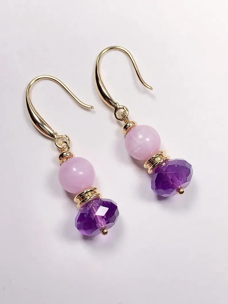 10mm Natural Purple Amethyst and Kunzite 14K Yellow Gold Filled Earrings Ear Stud February Birthstone