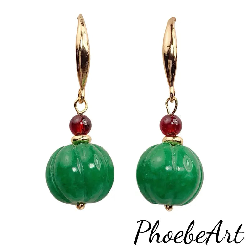 12mm Natural Green Jade and Red Garnet 14K Yellow Gold Filled Earrings Ear Stud January May Birthstone