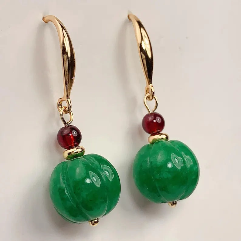 12mm Natural Green Jade and Red Garnet 14K Yellow Gold Filled Earrings Ear Stud January May Birthstone