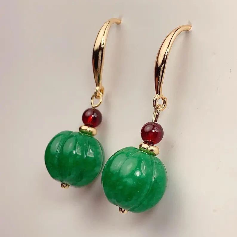 12mm Natural Green Jade and Red Garnet 14K Yellow Gold Filled Earrings Ear Stud January May Birthstone