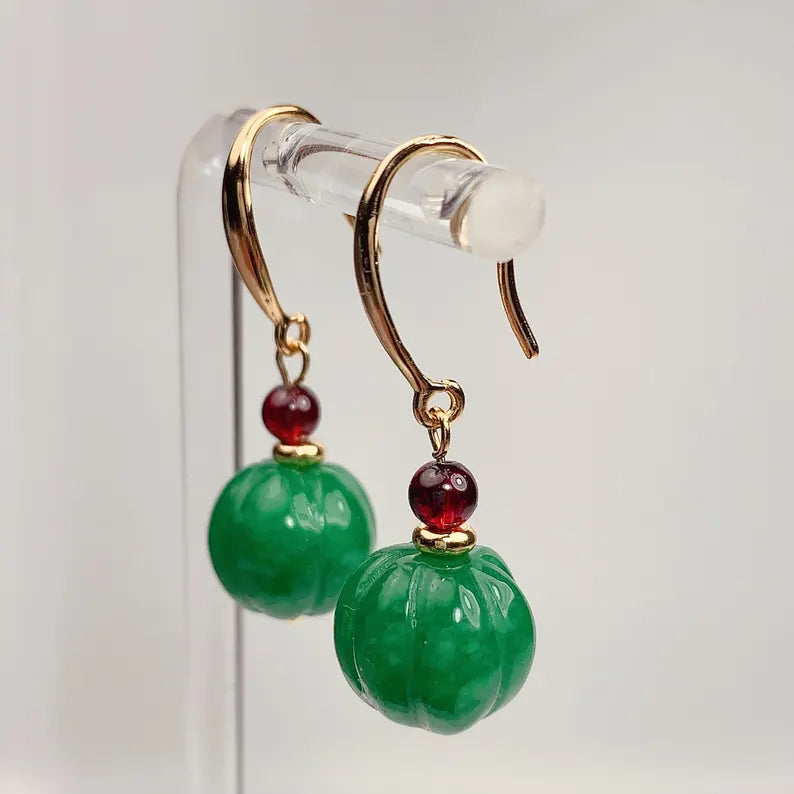 12mm Natural Green Jade and Red Garnet 14K Yellow Gold Filled Earrings Ear Stud January May Birthstone