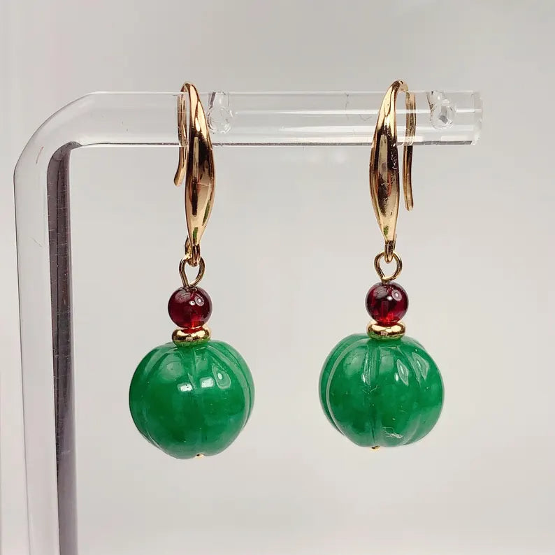 12mm Natural Green Jade and Red Garnet 14K Yellow Gold Filled Earrings Ear Stud January May Birthstone
