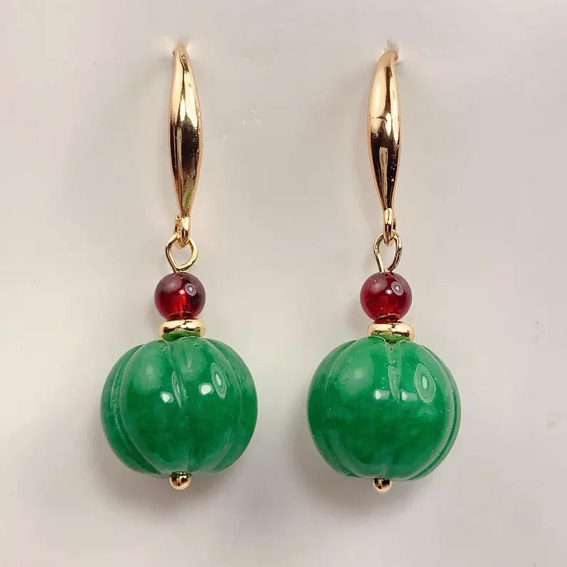 12mm Natural Green Jade and Red Garnet 14K Yellow Gold Filled Earrings Ear Stud January May Birthstone