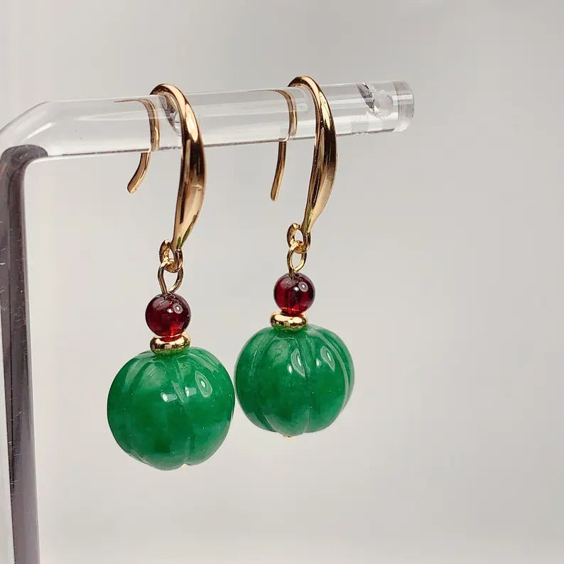 12mm Natural Green Jade and Red Garnet 14K Yellow Gold Filled Earrings Ear Stud January May Birthstone