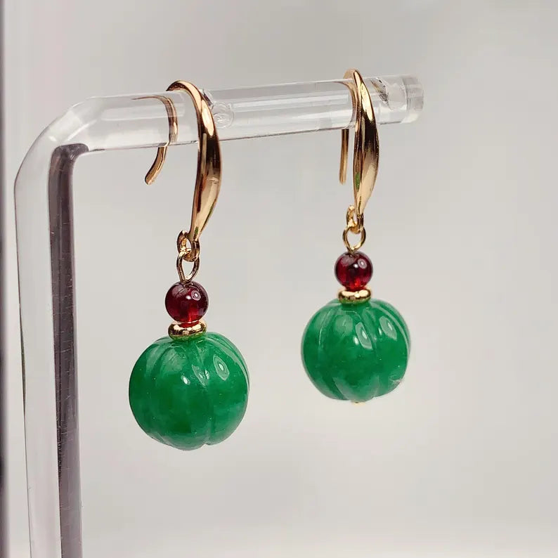 12mm Natural Green Jade and Red Garnet 14K Yellow Gold Filled Earrings Ear Stud January May Birthstone
