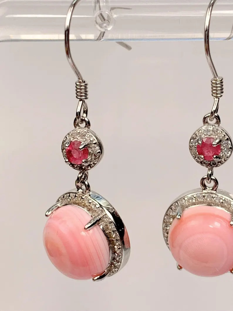 10mm Genuine Natural Pink Queen Conch Pink Tourmaline 18K White Gold Plated S 925 Earrings Ear Stud