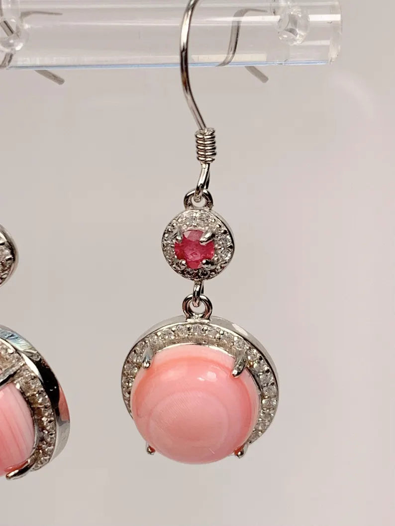 10mm Genuine Natural Pink Queen Conch Pink Tourmaline 18K White Gold Plated S 925 Earrings Ear Stud