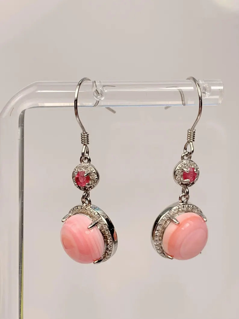 10mm Genuine Natural Pink Queen Conch Pink Tourmaline 18K White Gold Plated S 925 Earrings Ear Stud
