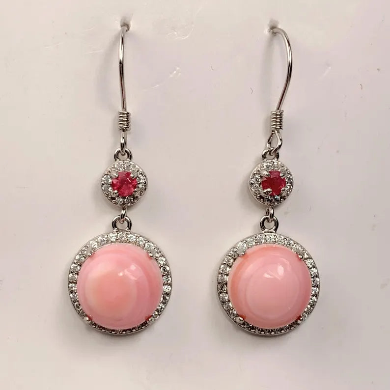 10mm Genuine Natural Pink Queen Conch Pink Tourmaline 18K White Gold Plated S 925 Earrings Ear Stud