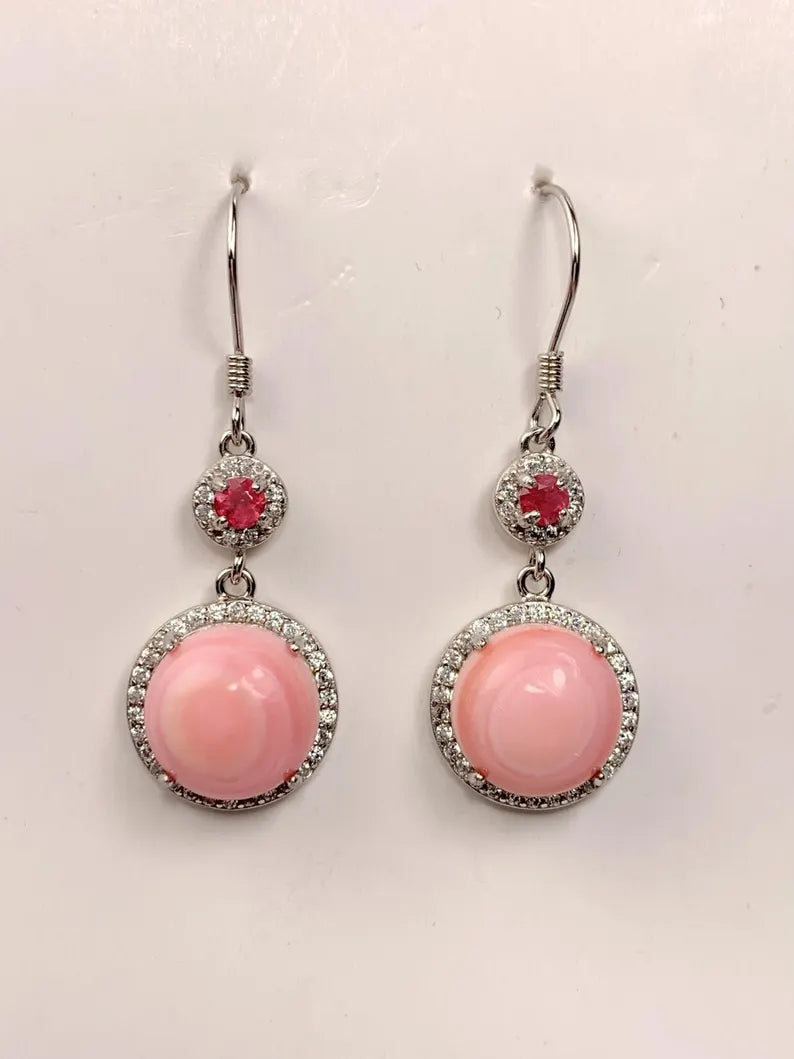 10mm Genuine Natural Pink Queen Conch Pink Tourmaline 18K White Gold Plated S 925 Earrings Ear Stud