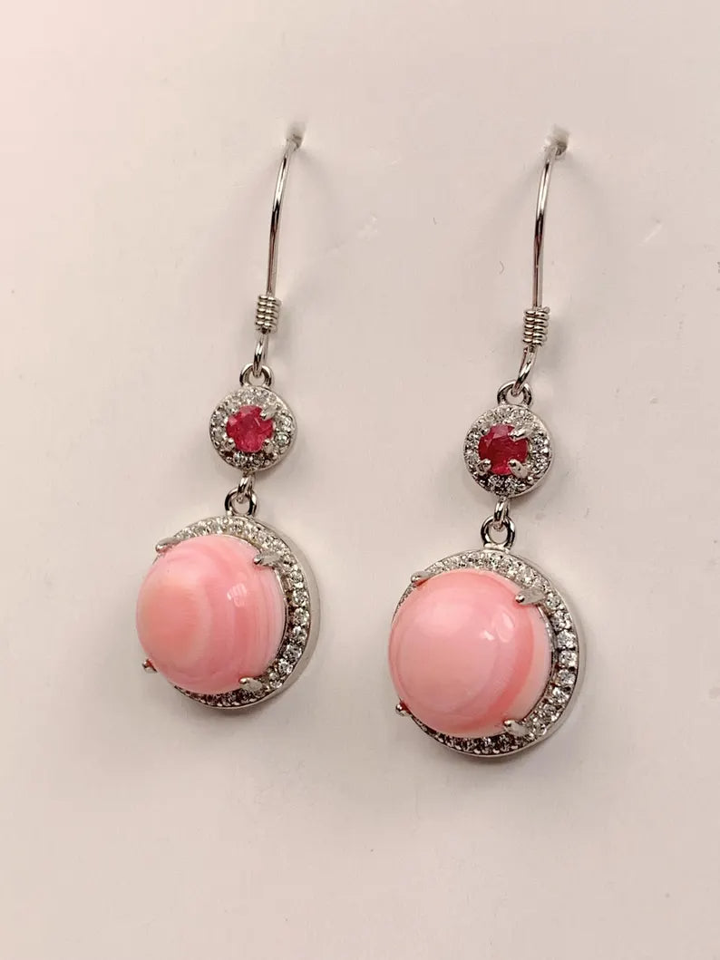 10mm Genuine Natural Pink Queen Conch Pink Tourmaline 18K White Gold Plated S 925 Earrings Ear Stud