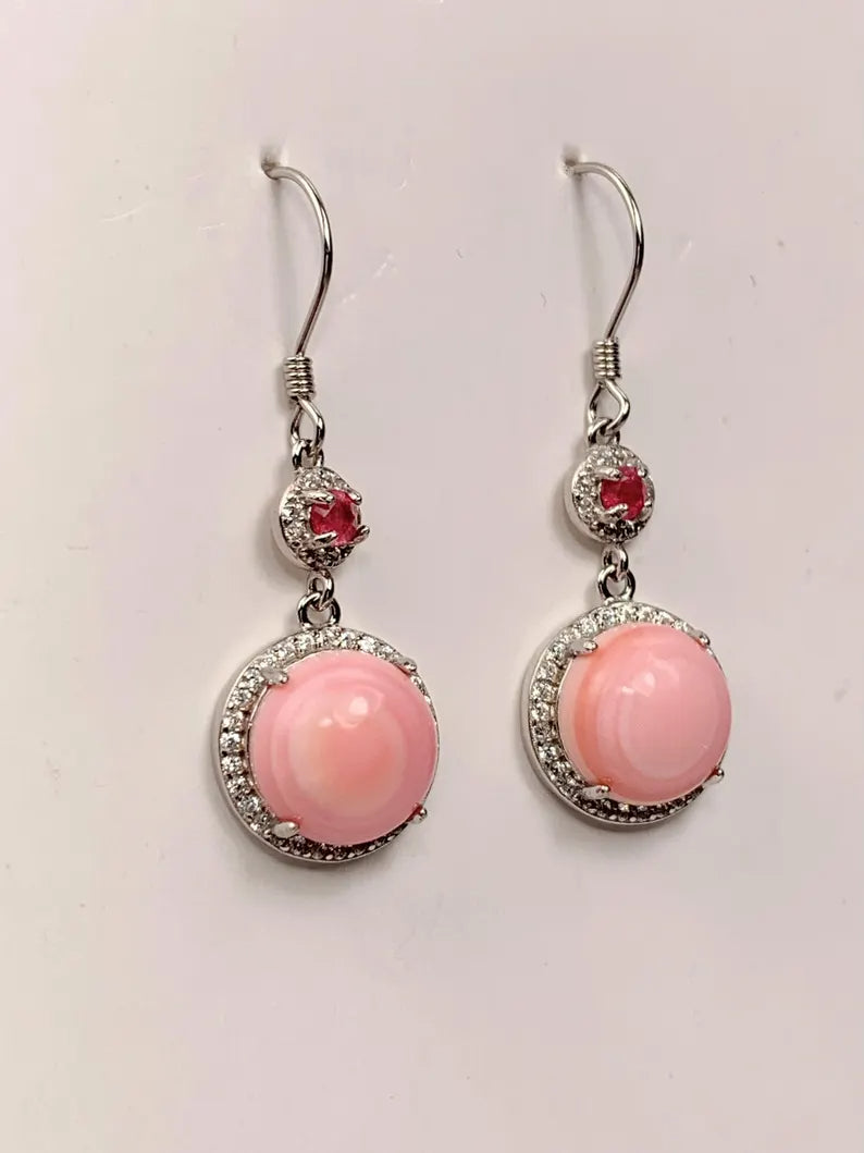 10mm Genuine Natural Pink Queen Conch Pink Tourmaline 18K White Gold Plated S 925 Earrings Ear Stud