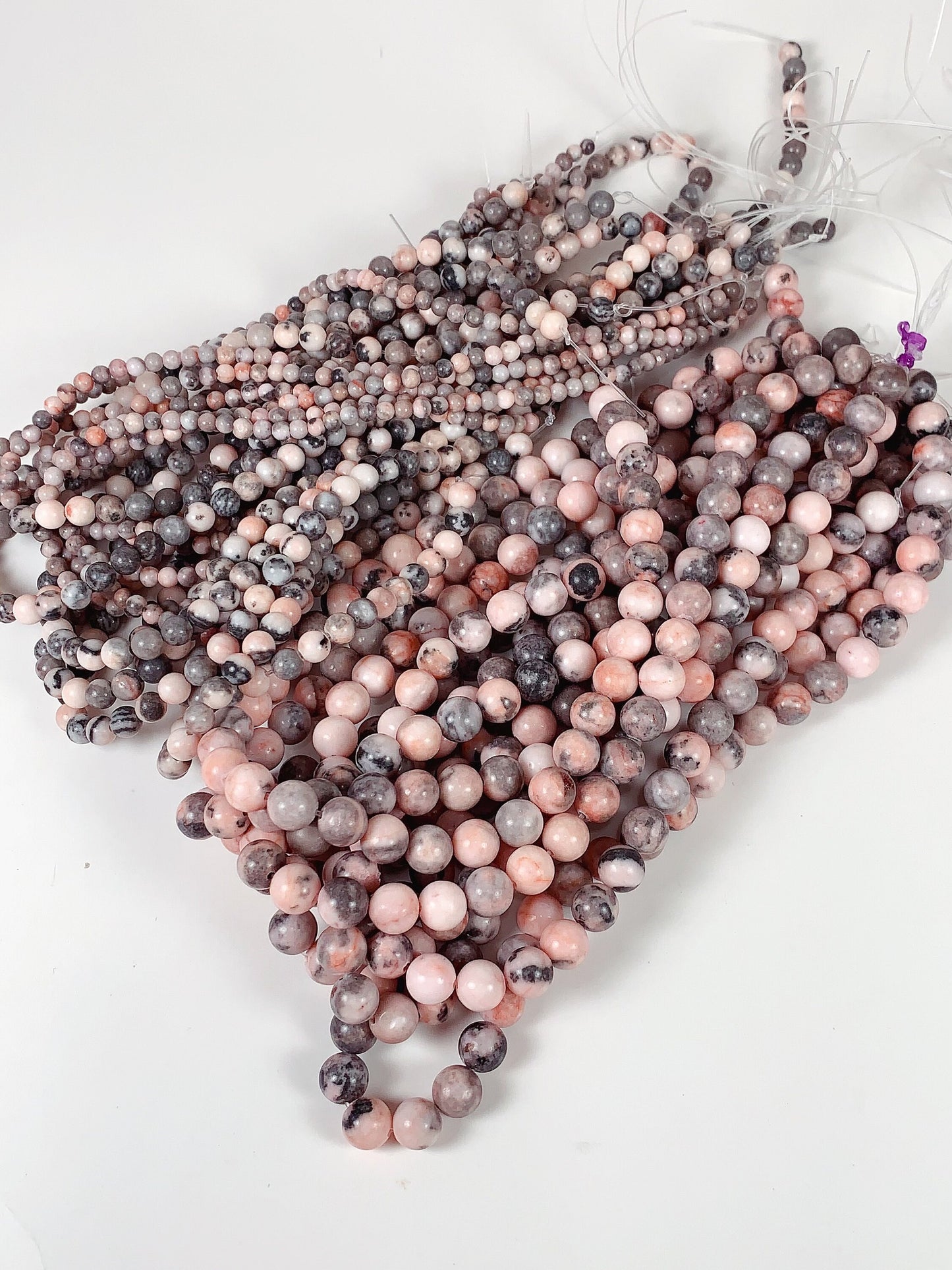 Pink Gray Zebra Jasper Beads: Natural Smooth Round Gemstone Strand