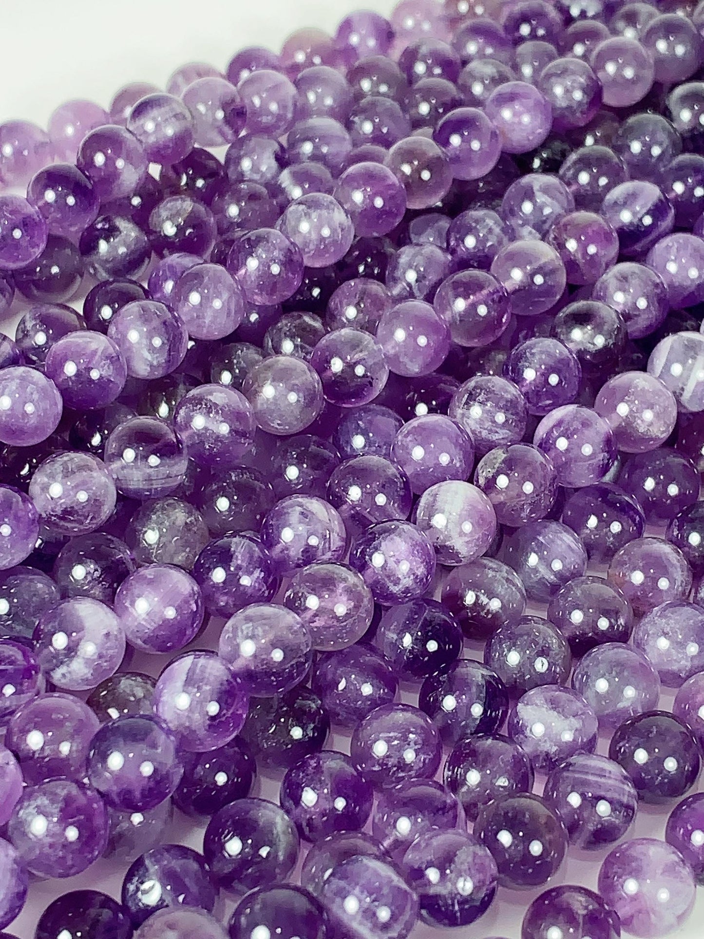 Amethyst White Stripe Quartz Beads: Natural Smooth Round, 15.5" Strand