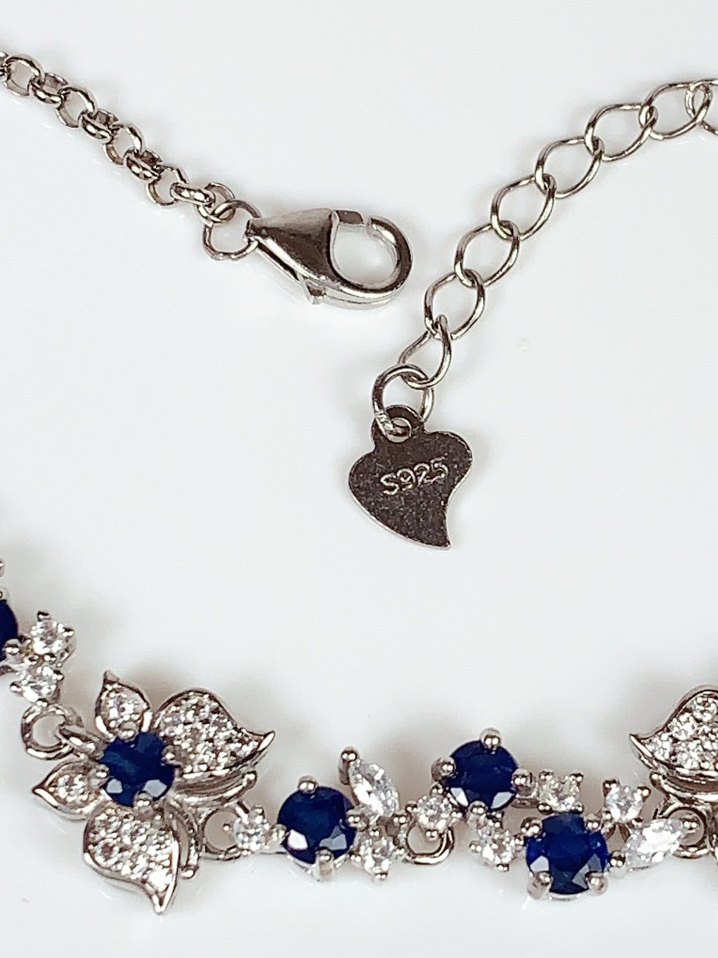 Blue Sapphire Floral Bracelet: 18K White Gold Plated Sterling Silver