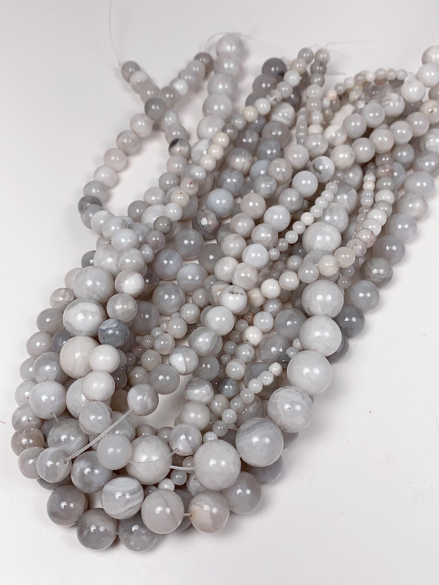 Natural White & Gray Agate Beads: Smooth Round Gemstone Strand