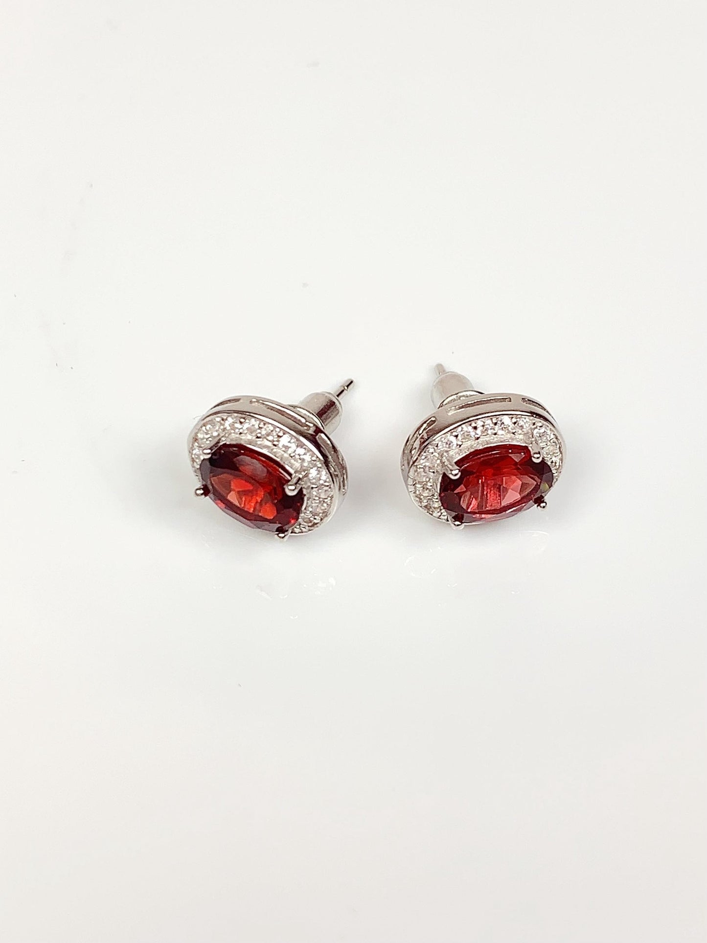 Red Garnet Sterling Silver Earrings: 18k Gold Plated Halo Studs