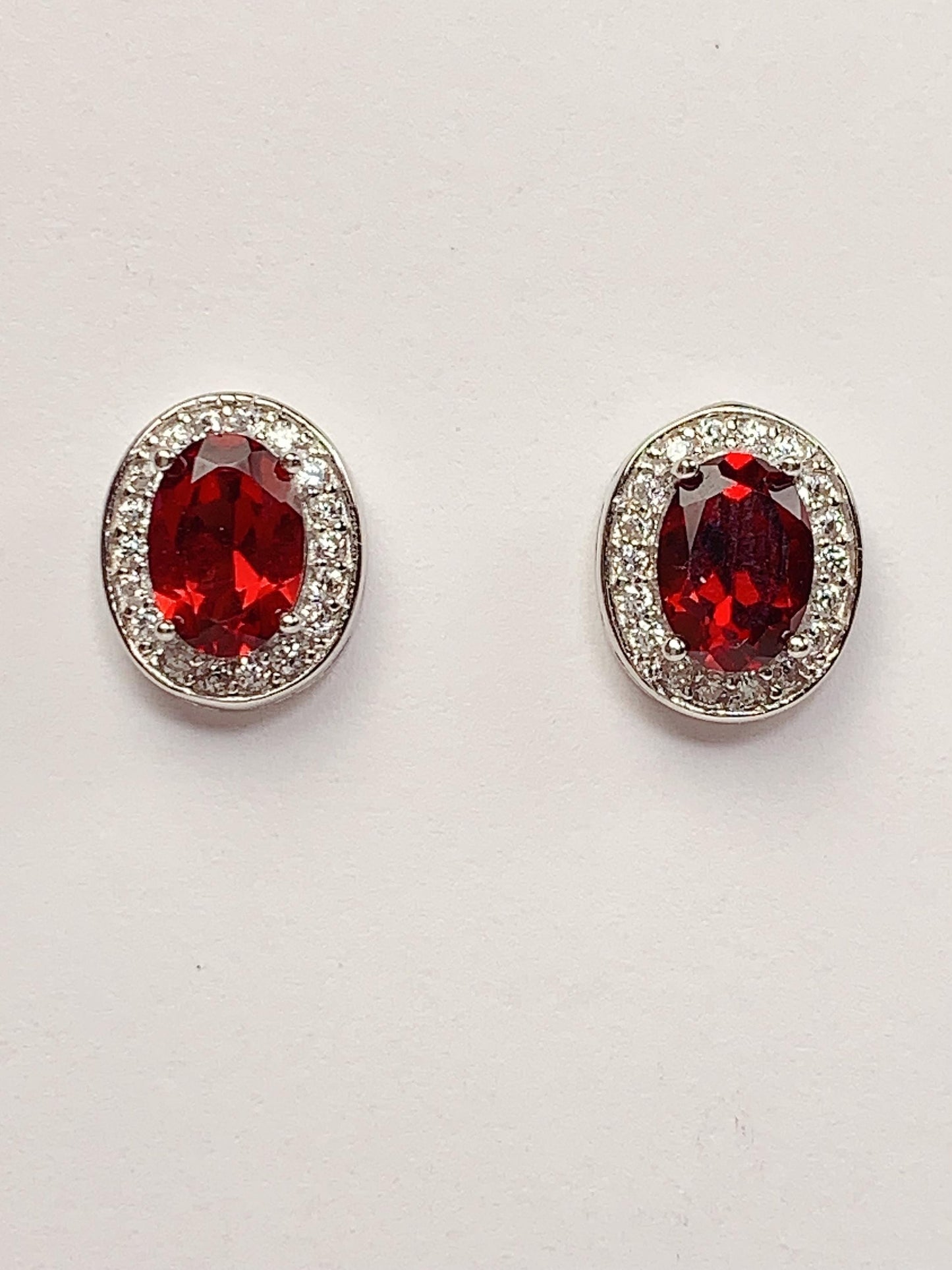 Red Garnet Sterling Silver Earrings: 18k Gold Plated Halo Studs