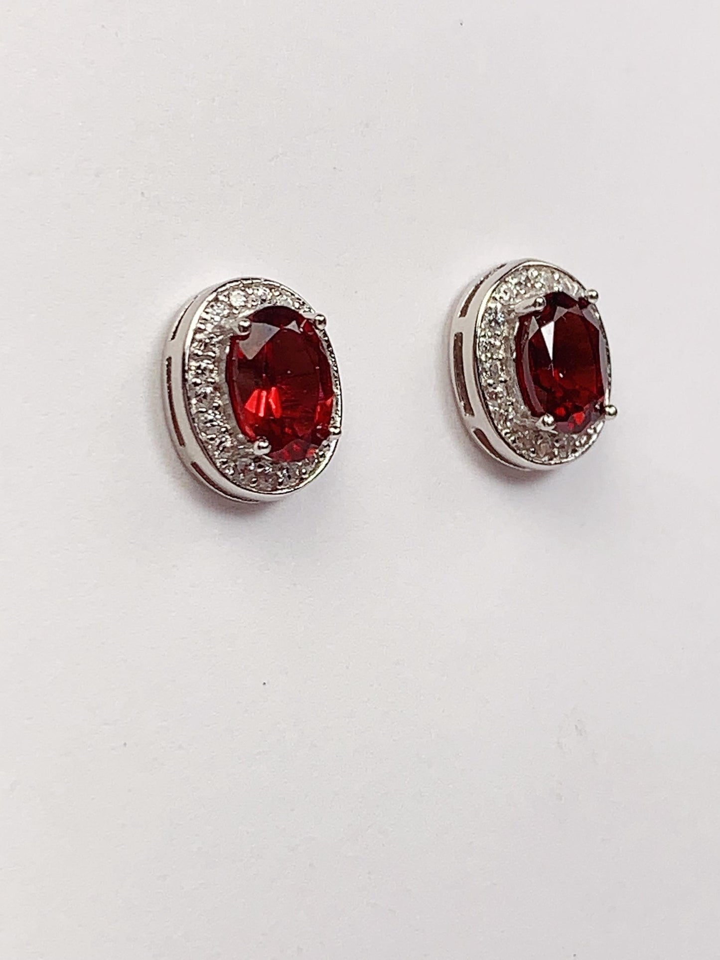 Red Garnet Sterling Silver Earrings: 18k Gold Plated Halo Studs