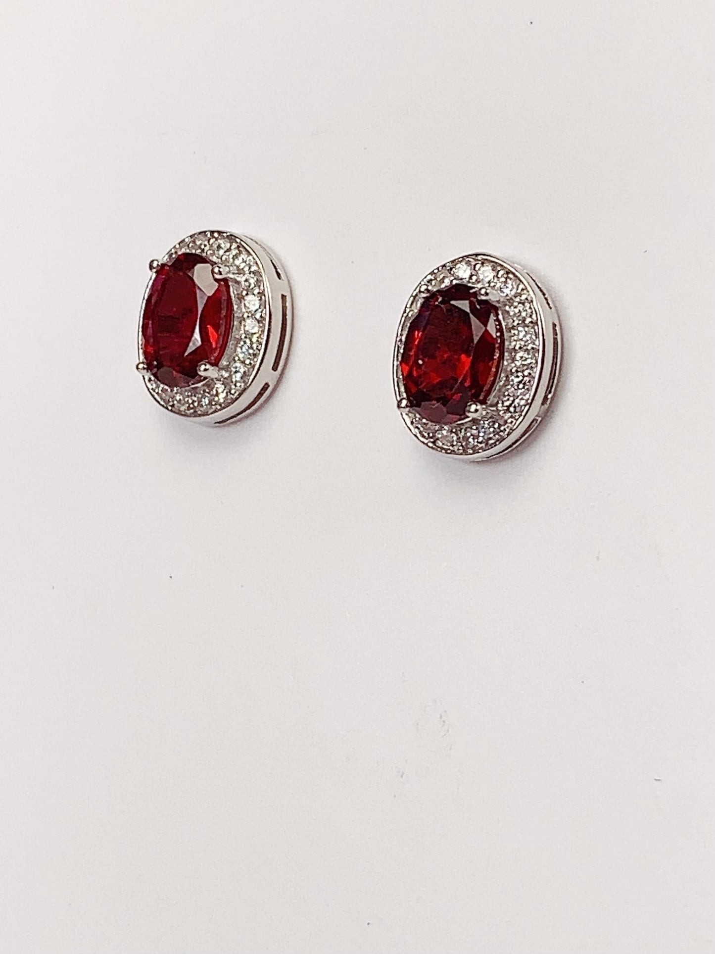 Red Garnet Sterling Silver Earrings: 18k Gold Plated Halo Studs
