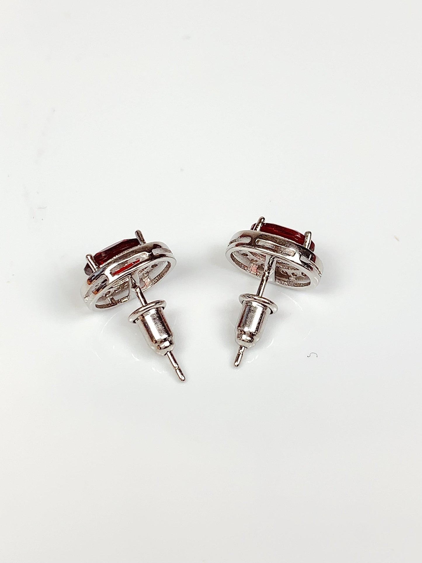 Red Garnet Sterling Silver Earrings: 18k Gold Plated Halo Studs