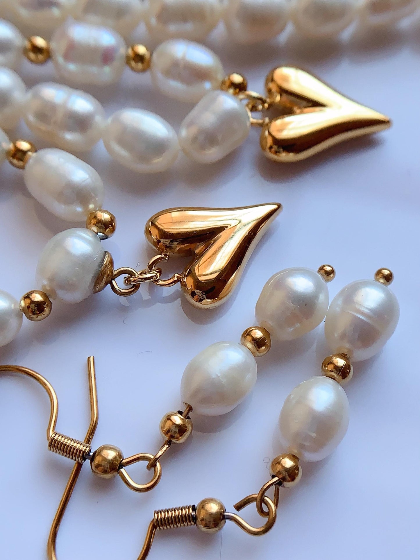 Freshwater Pearl Jewelry Set: 18k Gold Heart Necklace, Bracelet & Earrings