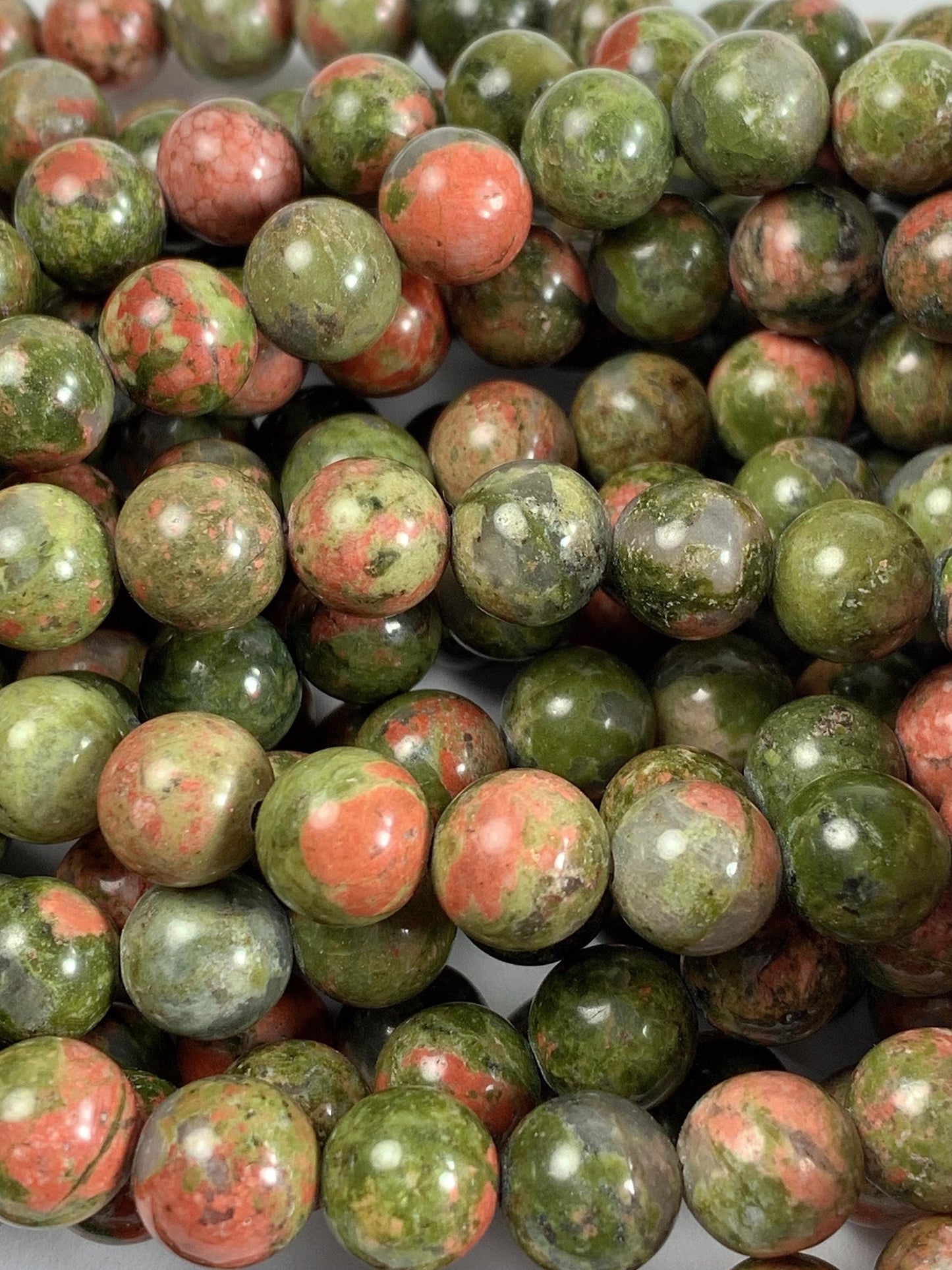 Natural Unakite Smooth Round Beads: Peach, Red & Green, 15.5" Strand