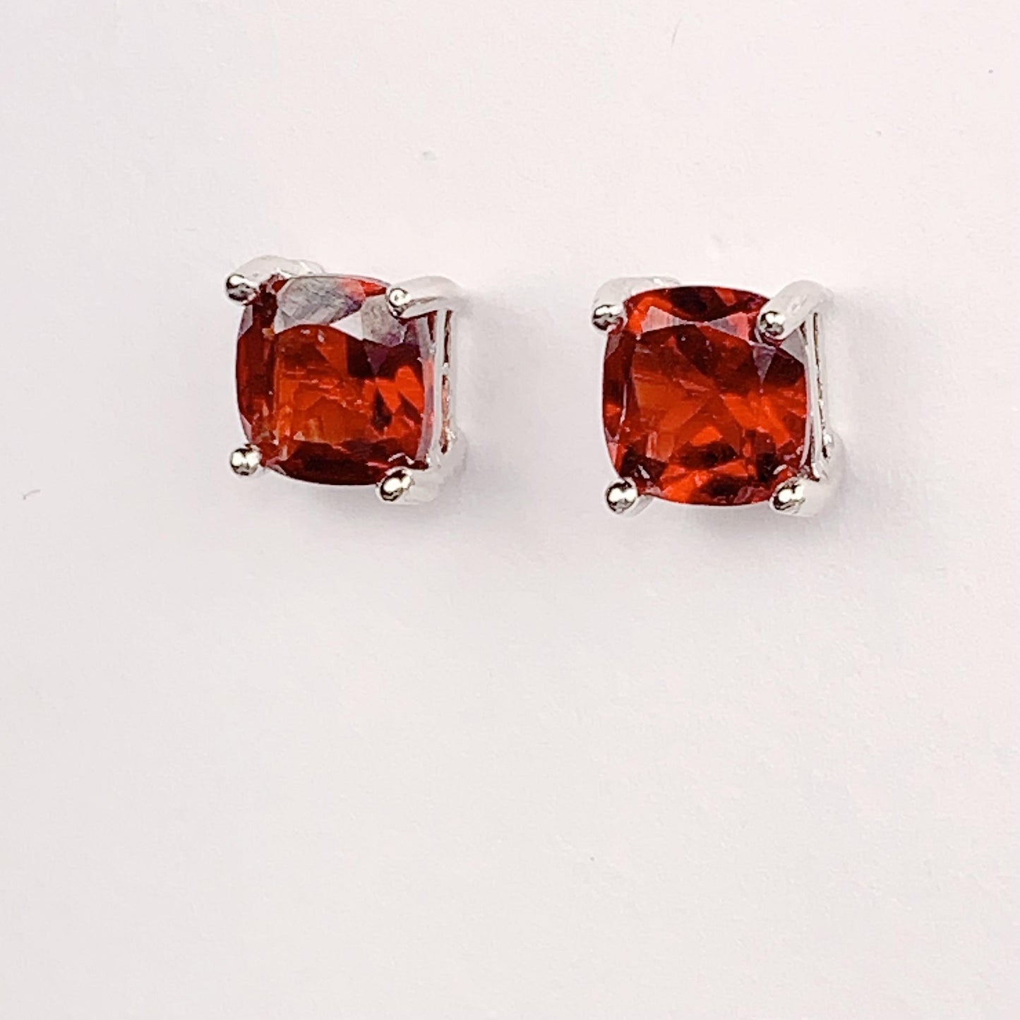 Red Garnet Sterling Silver Earrings: 18k White Gold Plated Studs