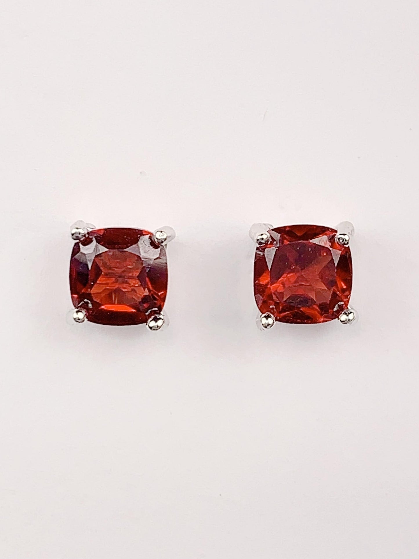 Red Garnet Sterling Silver Earrings: 18k White Gold Plated Studs