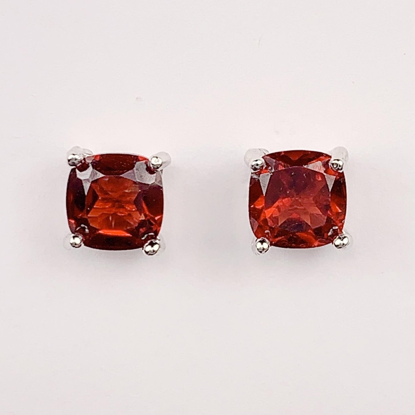 Red Garnet Sterling Silver Earrings: 18k White Gold Plated Studs