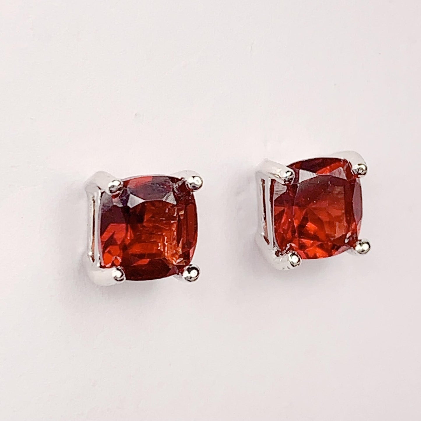 Red Garnet Sterling Silver Earrings: 18k White Gold Plated Studs