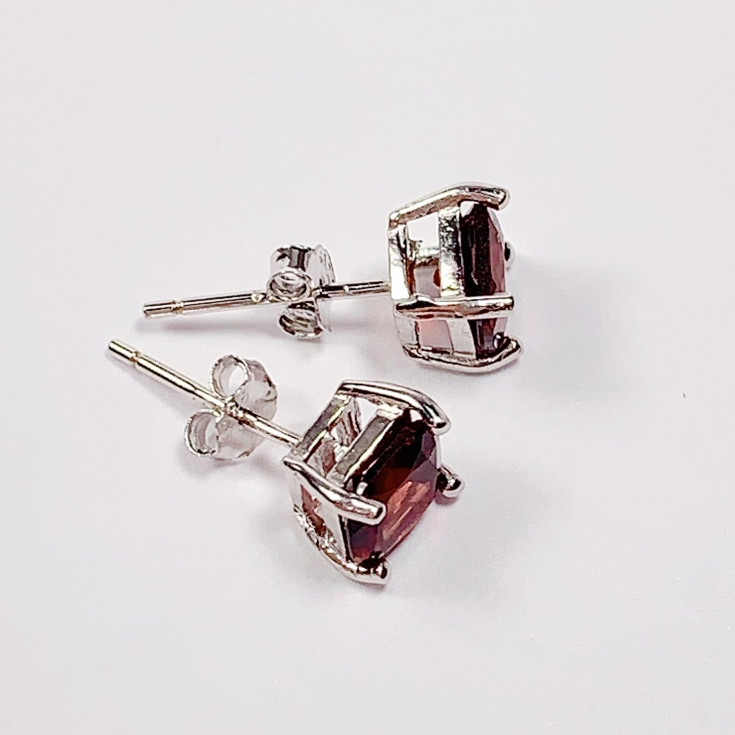 Red Garnet Sterling Silver Earrings: 18k White Gold Plated Studs
