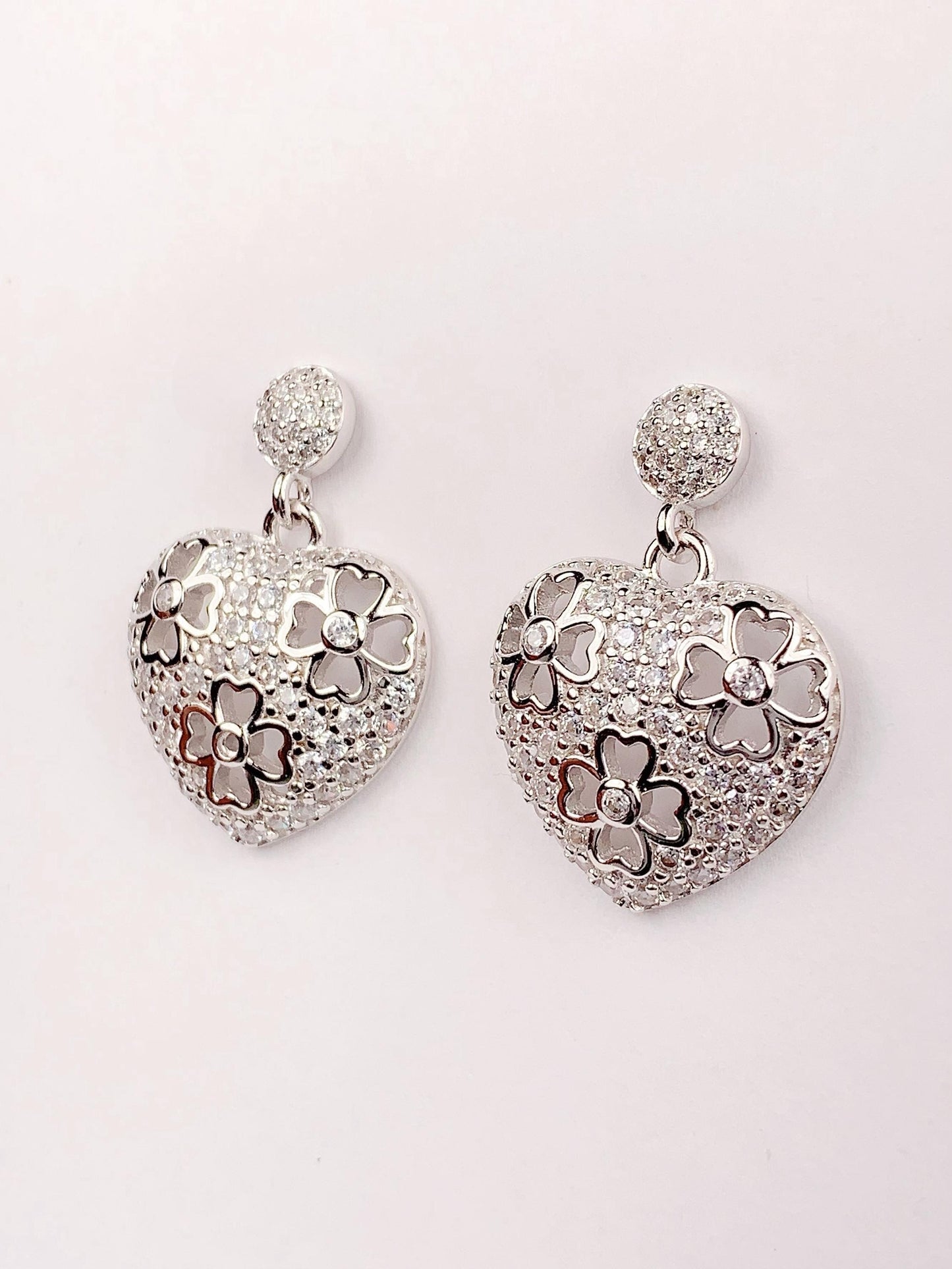 Heart Clover Earrings: 18k White Gold Plated Sterling Silver Studs