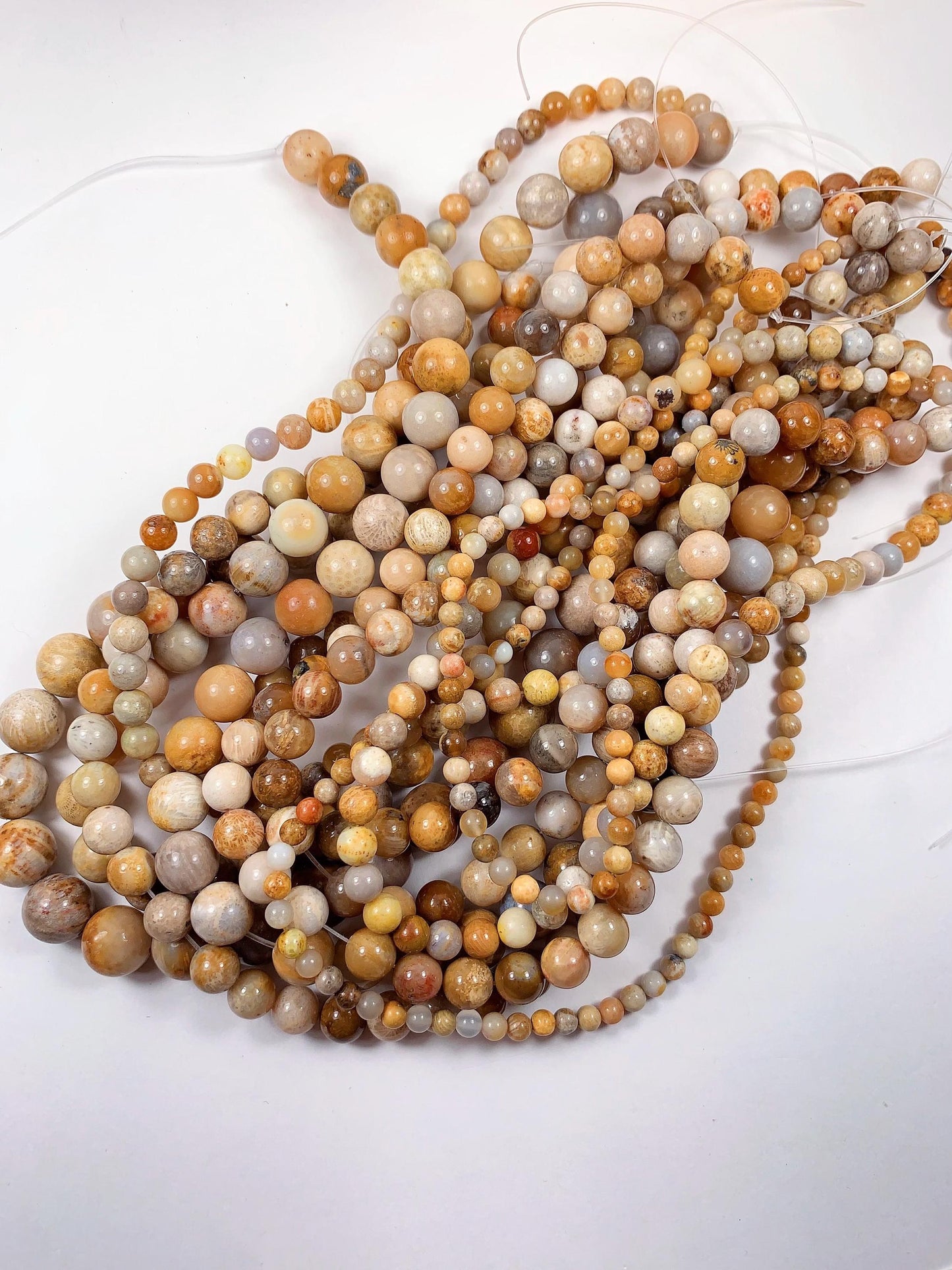Natural Gold Yellow Fossil Coral Beads: Smooth Round Gemstone Strand