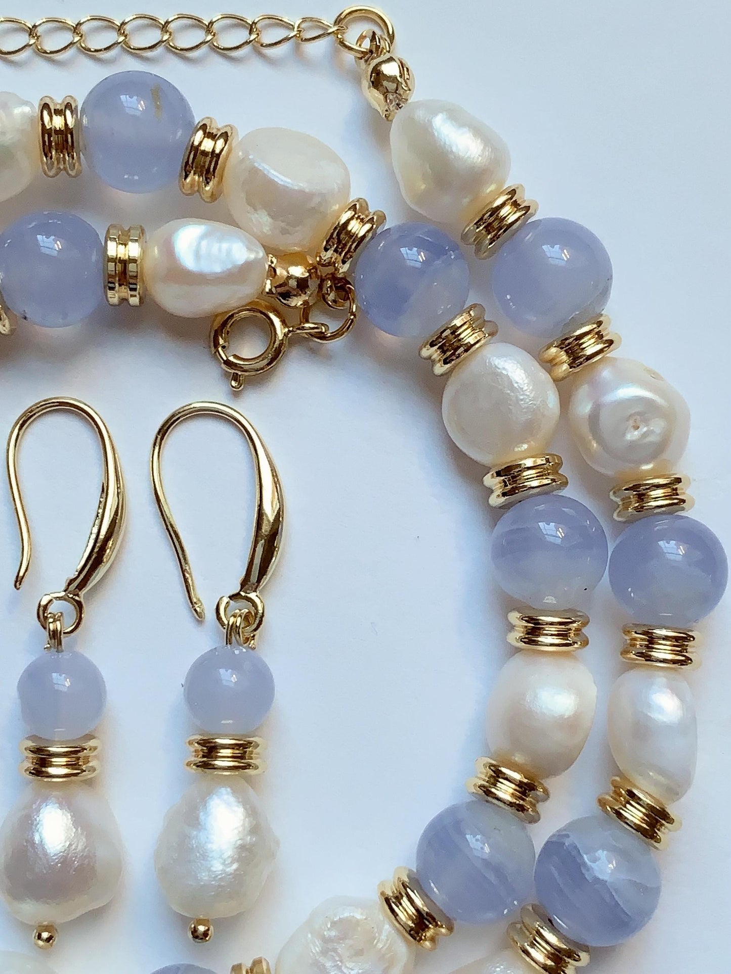 Set Jewelry Freshwater Pearl 18K Gold Filled Bracelet, Necklace & Earrings Set