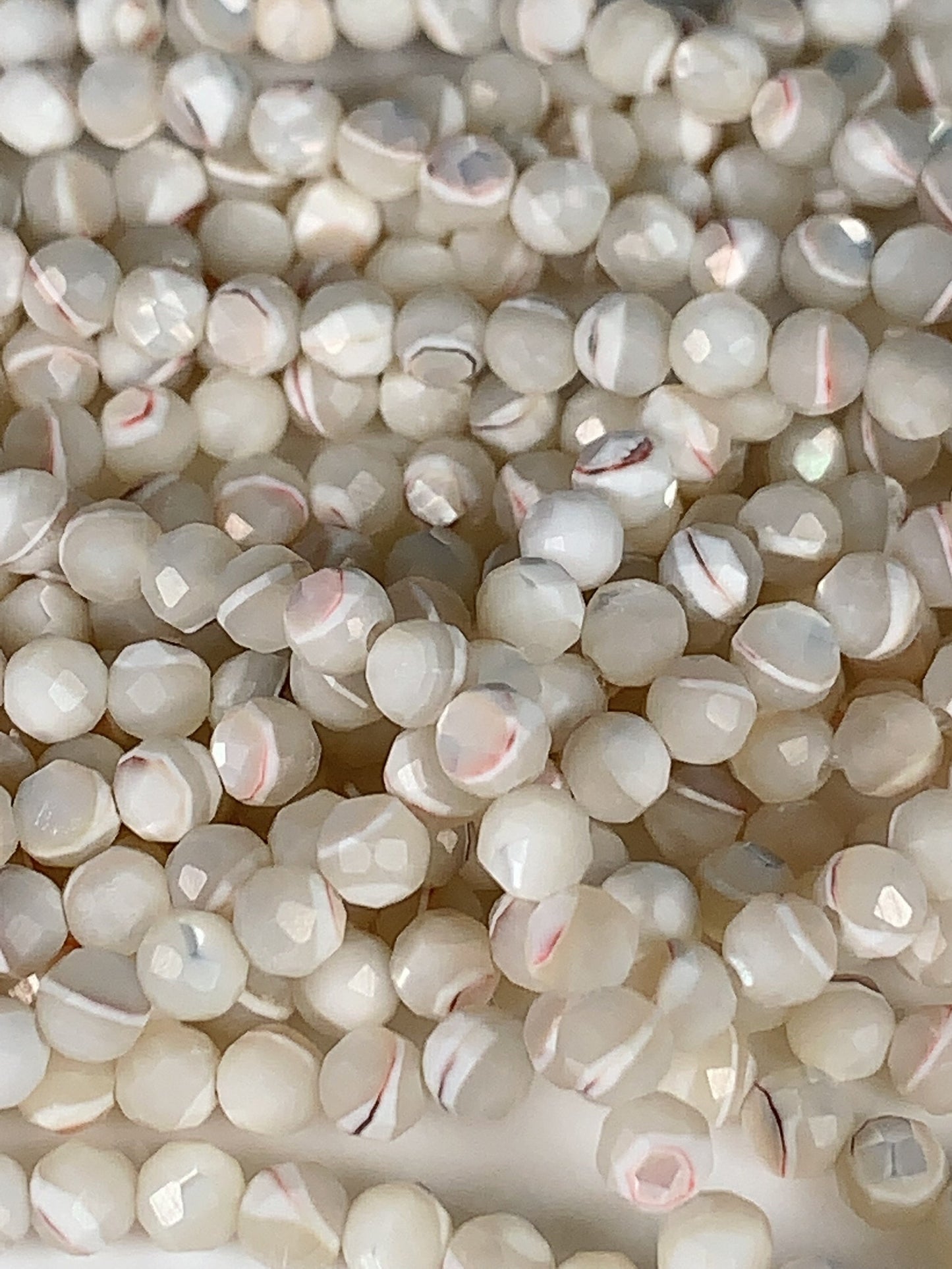 Faceted Mother of Pearl Beads: Natural Red and White, Round 2-4mm, 15.5" Strand