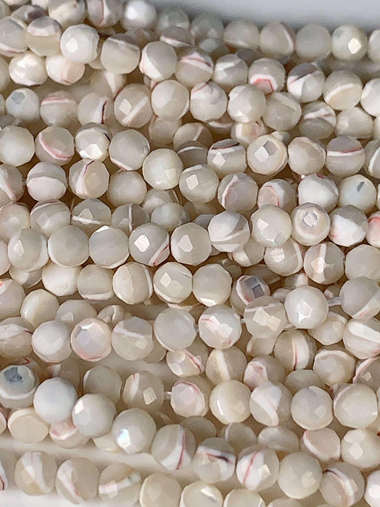 Faceted Mother of Pearl Beads: Natural Red and White, Round 2-4mm, 15.5" Strand