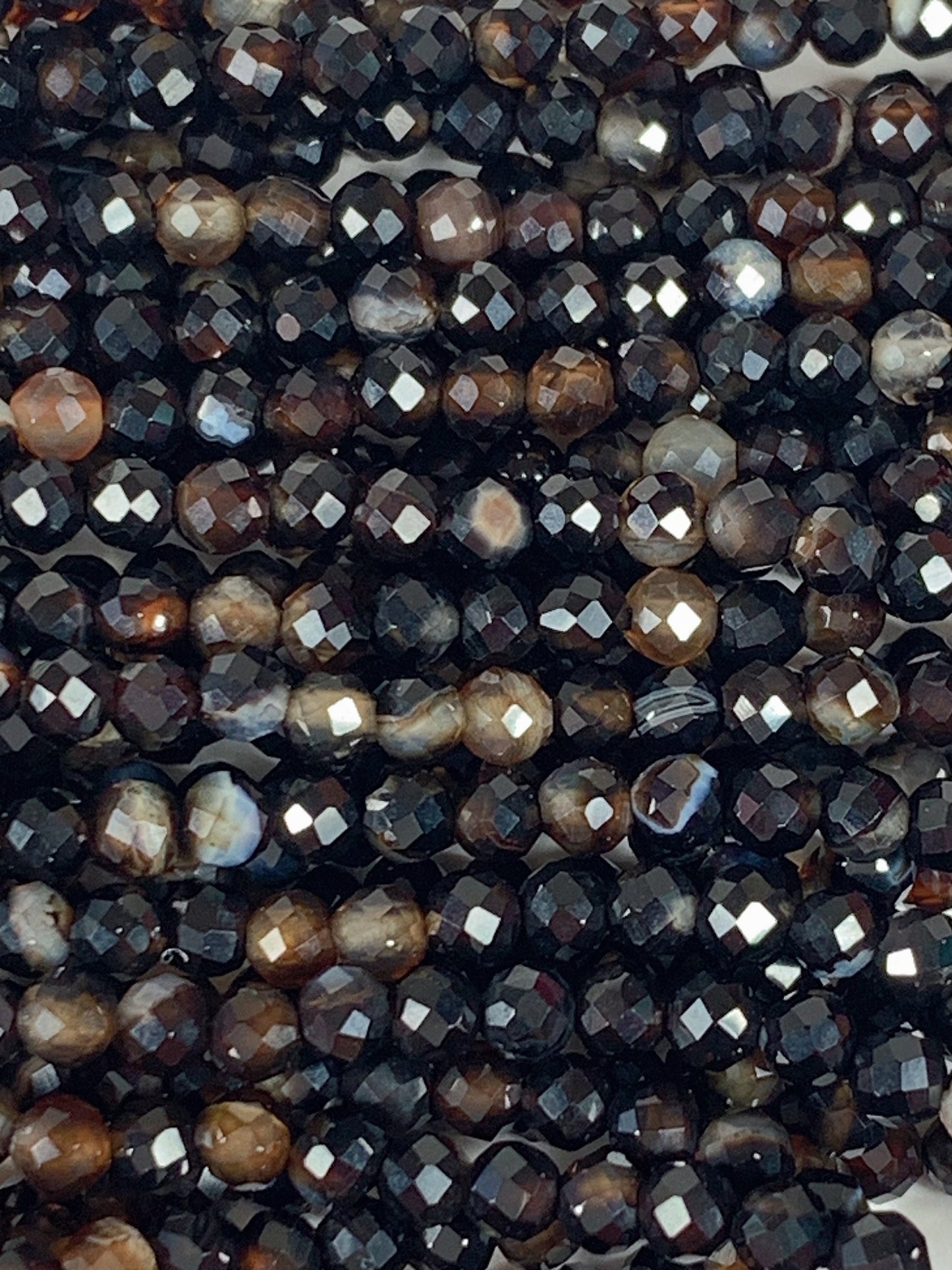 Faceted Black Brown Striped Agate Beads: Natural Gemstone Strand