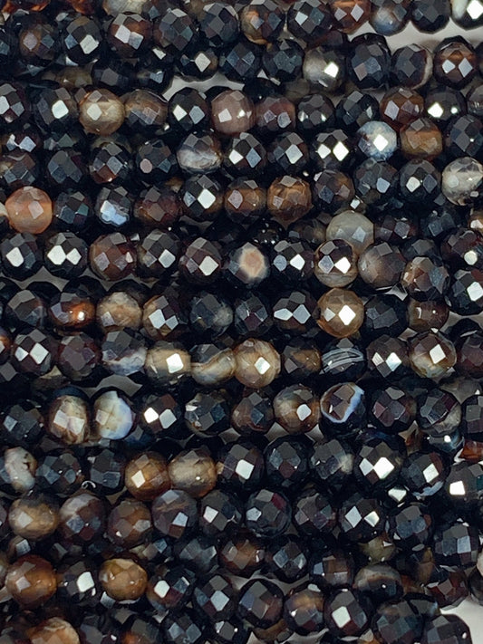 Faceted Black Brown Striped Agate Beads: Natural Gemstone Strand