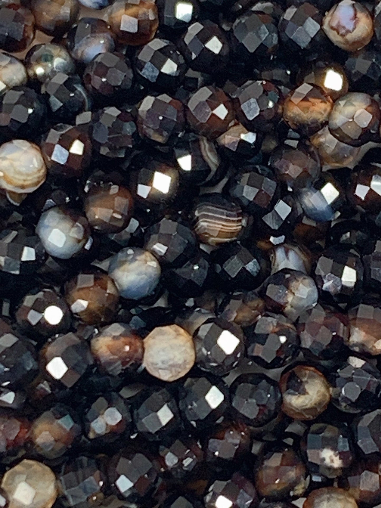 Faceted Black Brown Striped Agate Beads: Natural Gemstone Strand