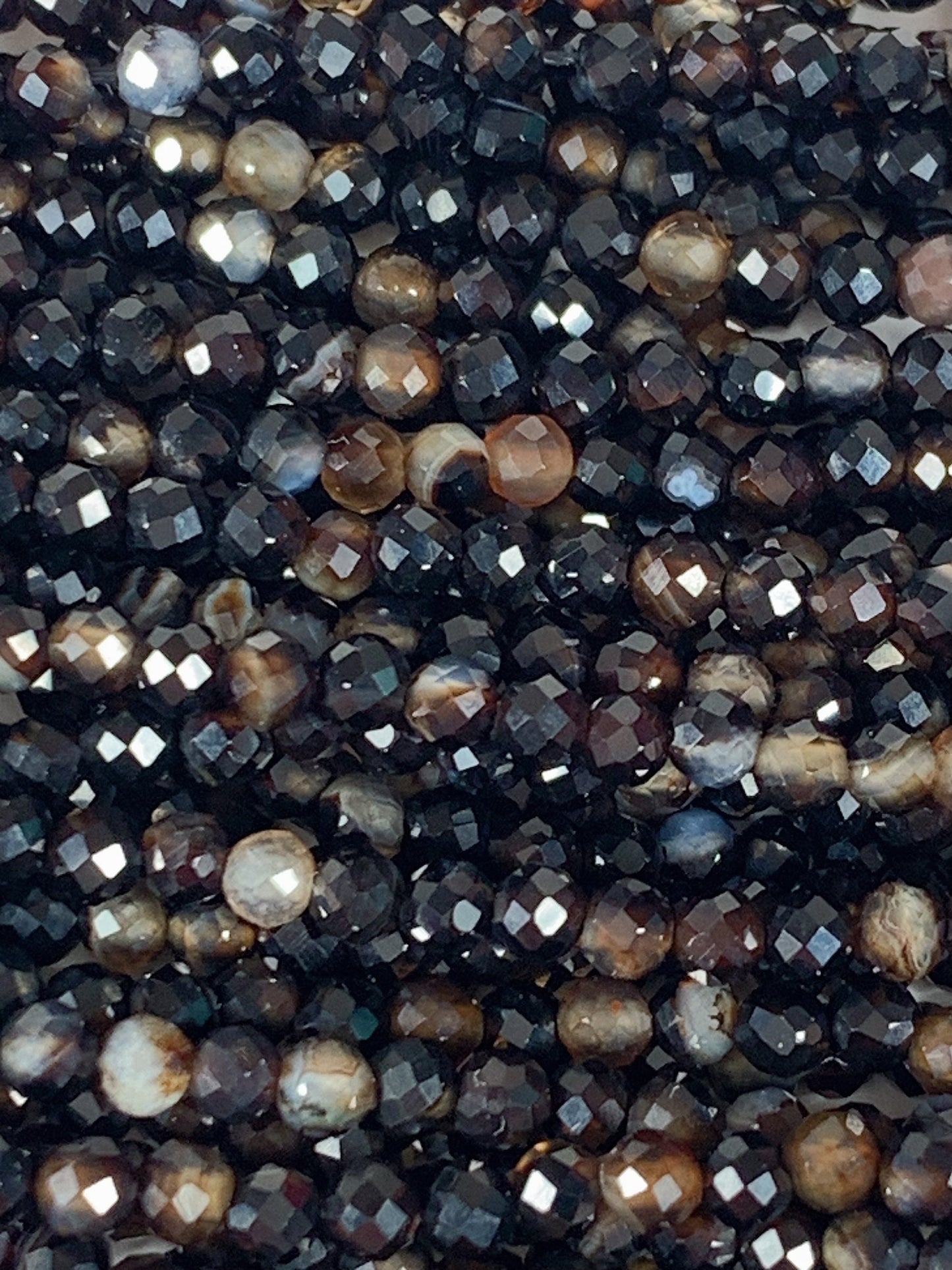 Faceted Black Brown Striped Agate Beads: Natural Gemstone Strand