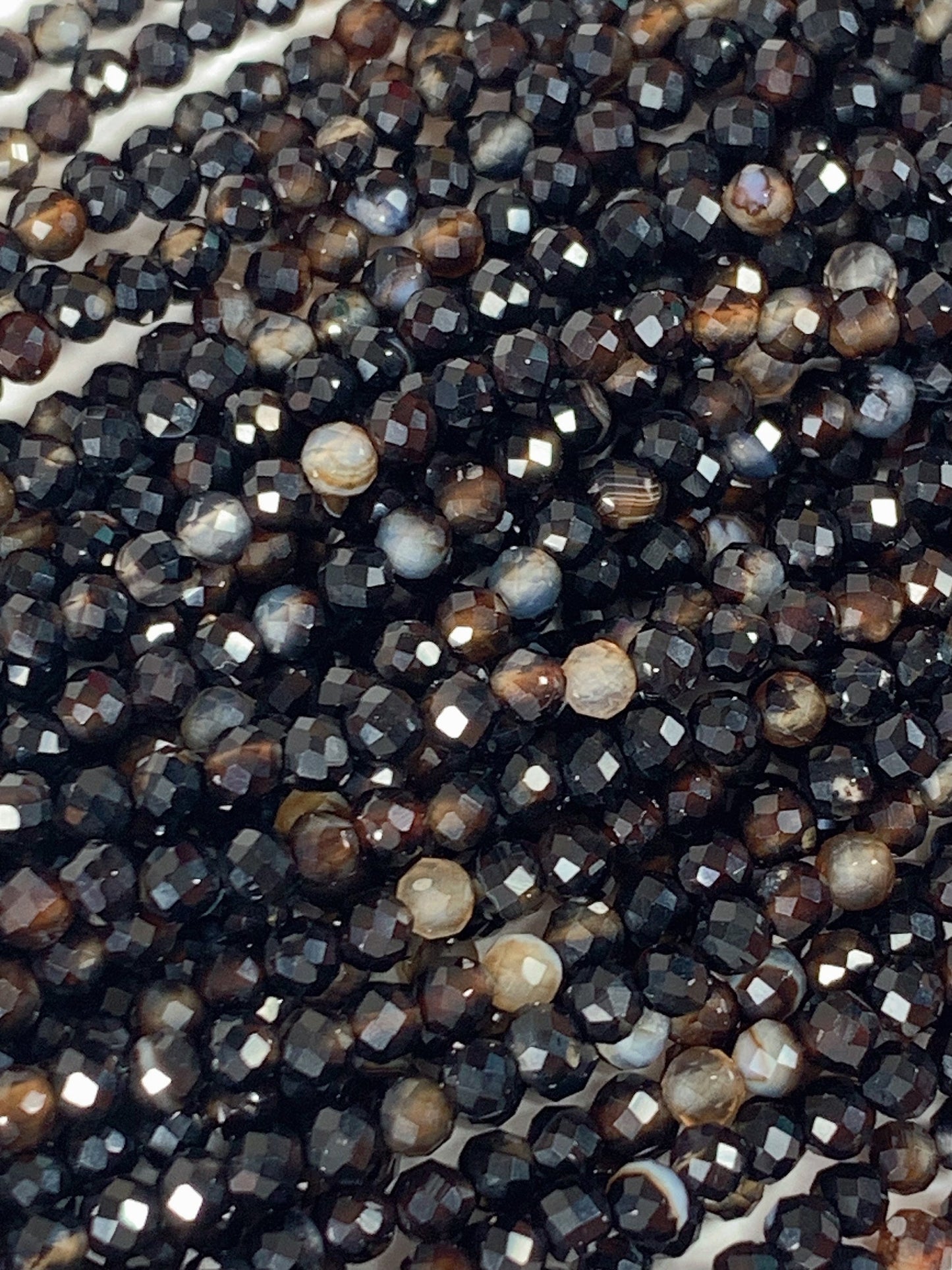 Faceted Black Brown Striped Agate Beads: Natural Gemstone Strand