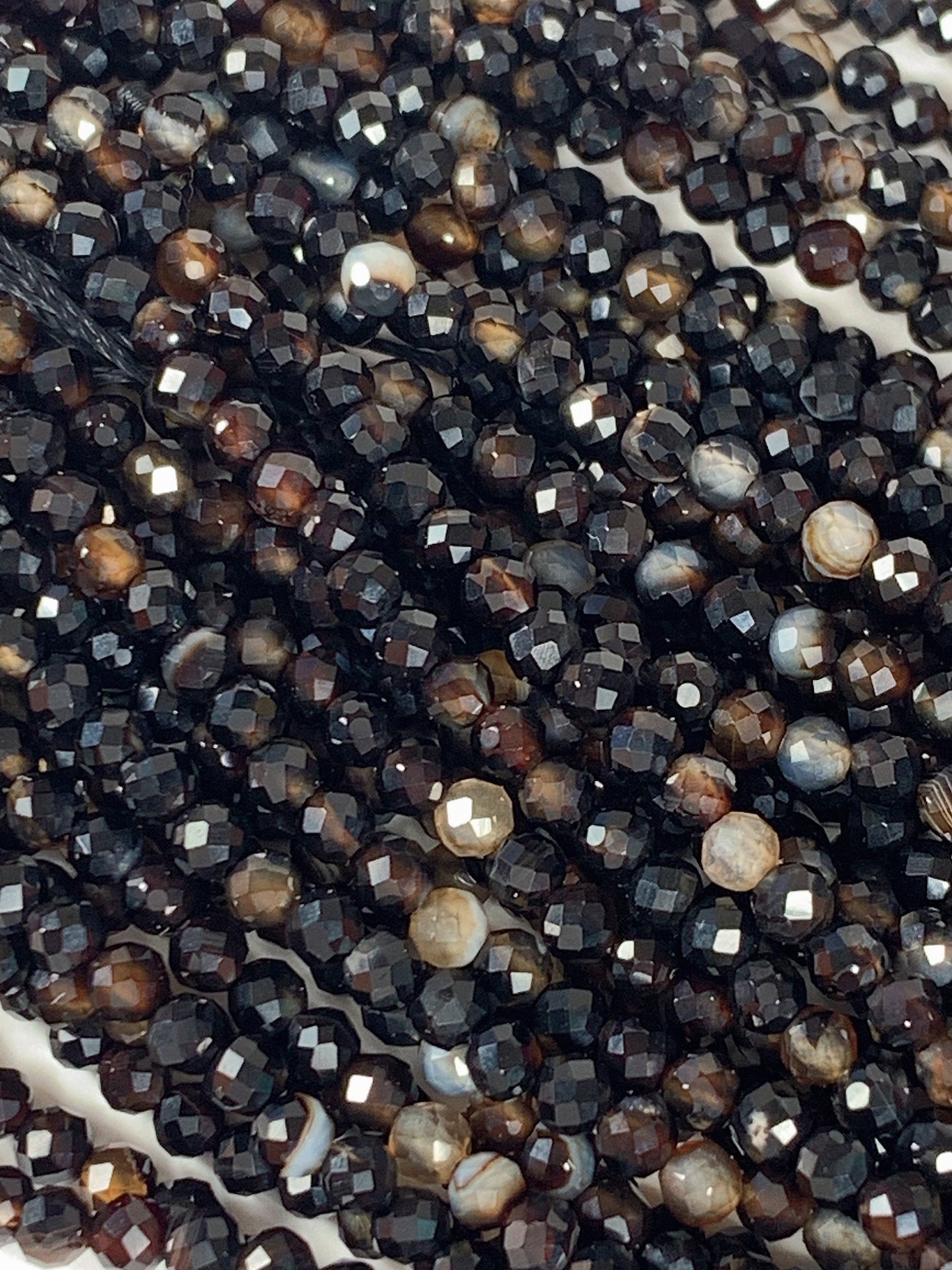 Faceted Black Brown Striped Agate Beads: Natural Gemstone Strand